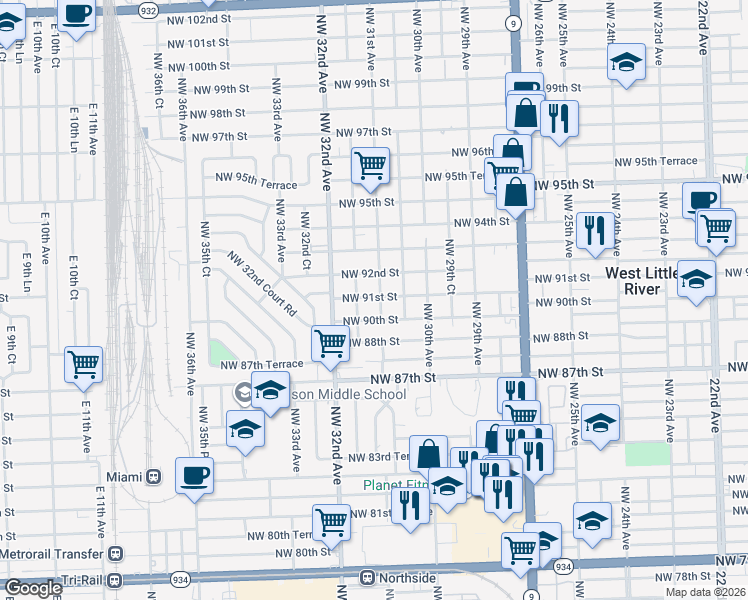 map of restaurants, bars, coffee shops, grocery stores, and more near 3110 Northwest 92nd Street in Miami