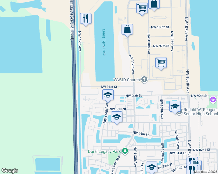 map of restaurants, bars, coffee shops, grocery stores, and more near 11600 Northwest 91st Street in Miami