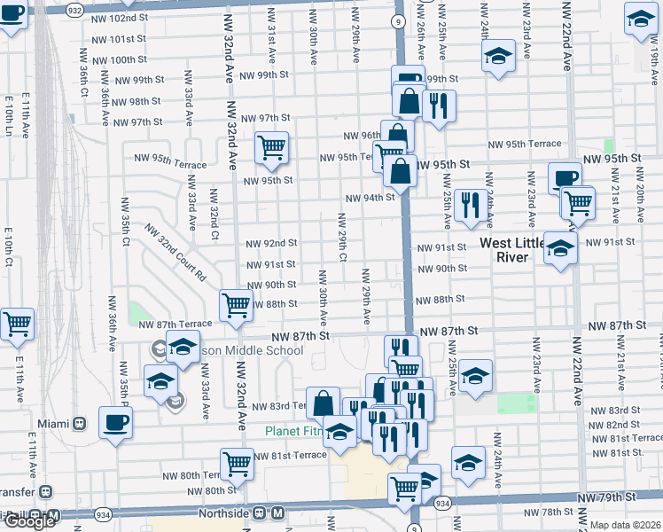 map of restaurants, bars, coffee shops, grocery stores, and more near 9150 Northwest 29th Court in Miami