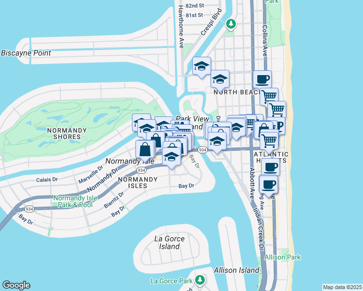 map of restaurants, bars, coffee shops, grocery stores, and more near 7110 Bay Drive in Miami Beach