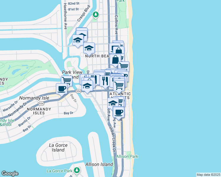 map of restaurants, bars, coffee shops, grocery stores, and more near 7136 Abbott Avenue in Miami Beach