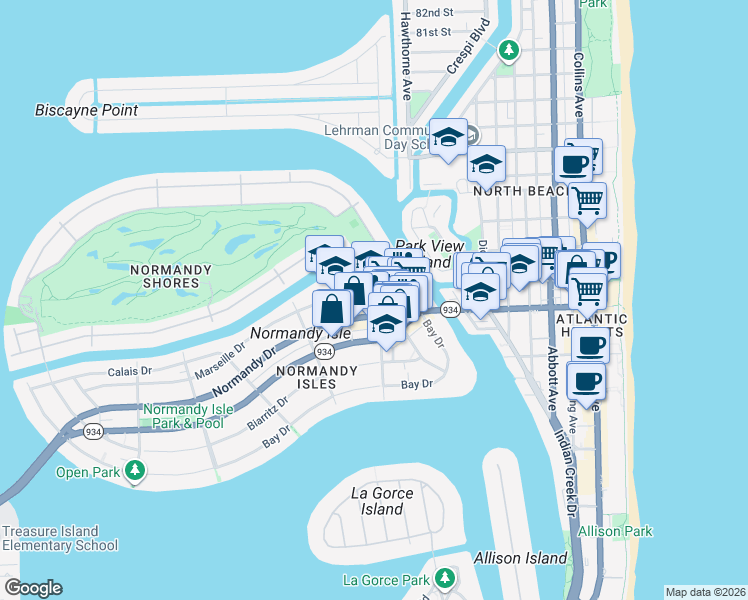 map of restaurants, bars, coffee shops, grocery stores, and more near 7130 Rue Versailles Drive in Miami Beach
