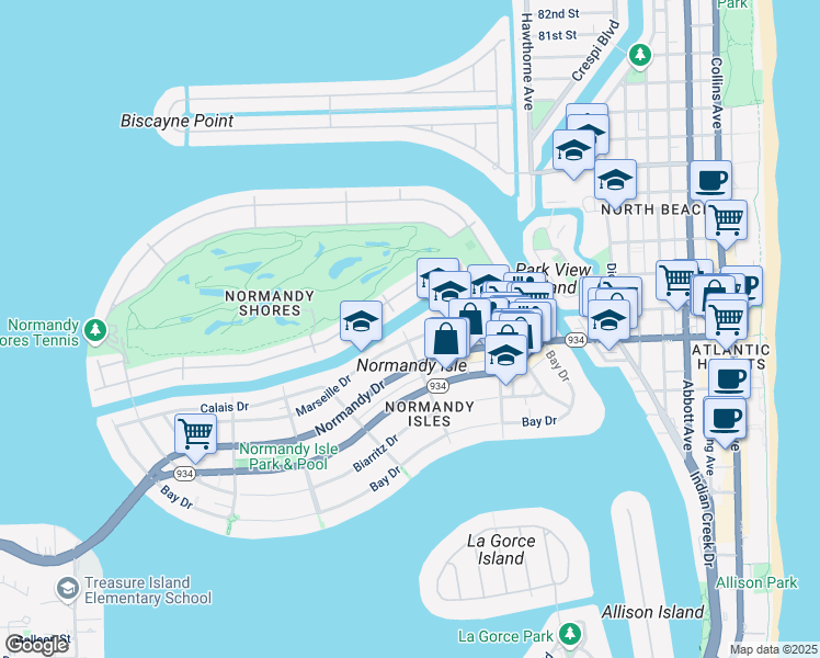 map of restaurants, bars, coffee shops, grocery stores, and more near 300 South Shore Drive in Miami Beach