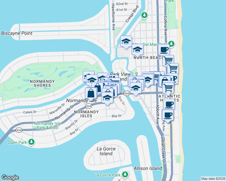 map of restaurants, bars, coffee shops, grocery stores, and more near 7116 Bay Drive in Miami Beach