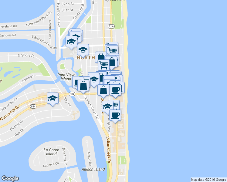 map of restaurants, bars, coffee shops, grocery stores, and more near 298 72nd Street in Miami Beach