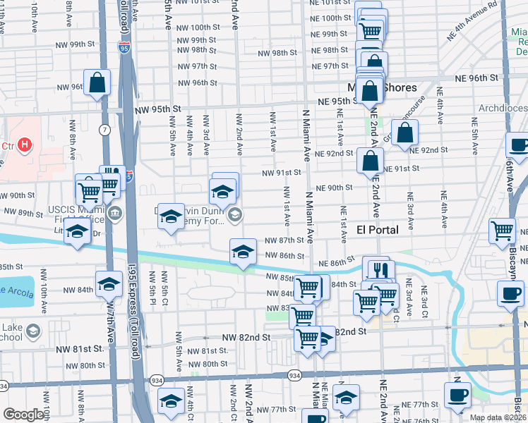 map of restaurants, bars, coffee shops, grocery stores, and more near 173 Northwest 89th Street in El Portal