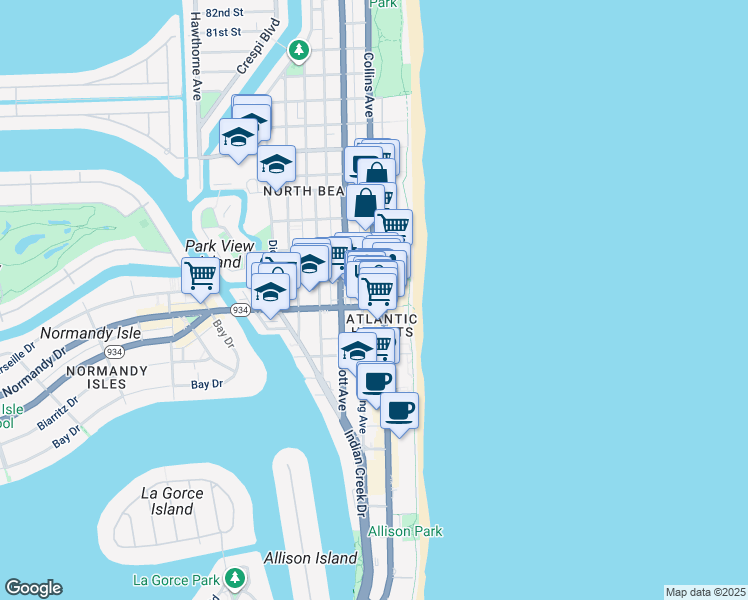 map of restaurants, bars, coffee shops, grocery stores, and more near 219 71st Street in Miami Beach