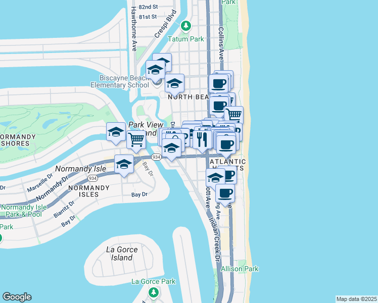 map of restaurants, bars, coffee shops, grocery stores, and more near 7135 Carlyle Avenue in Miami Beach