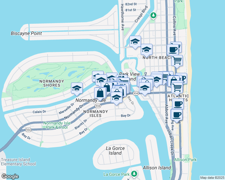 map of restaurants, bars, coffee shops, grocery stores, and more near 1101 Marseille Drive in Miami Beach