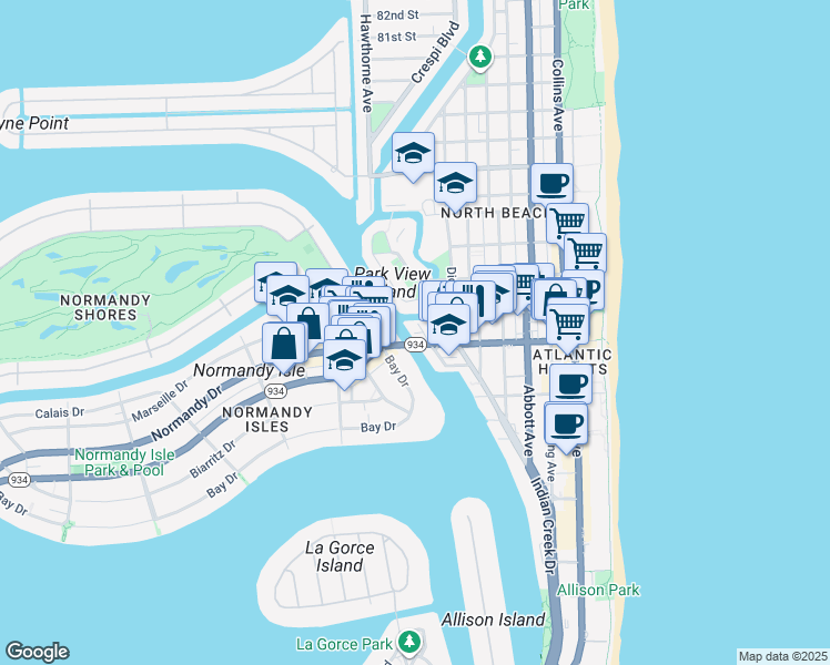 map of restaurants, bars, coffee shops, grocery stores, and more near 832 Raymond Street in Miami Beach