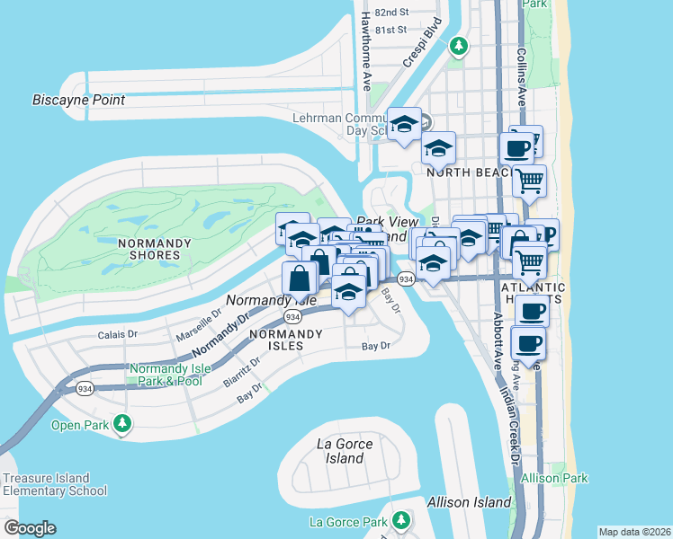 map of restaurants, bars, coffee shops, grocery stores, and more near 1101 Marseille Drive in Miami Beach