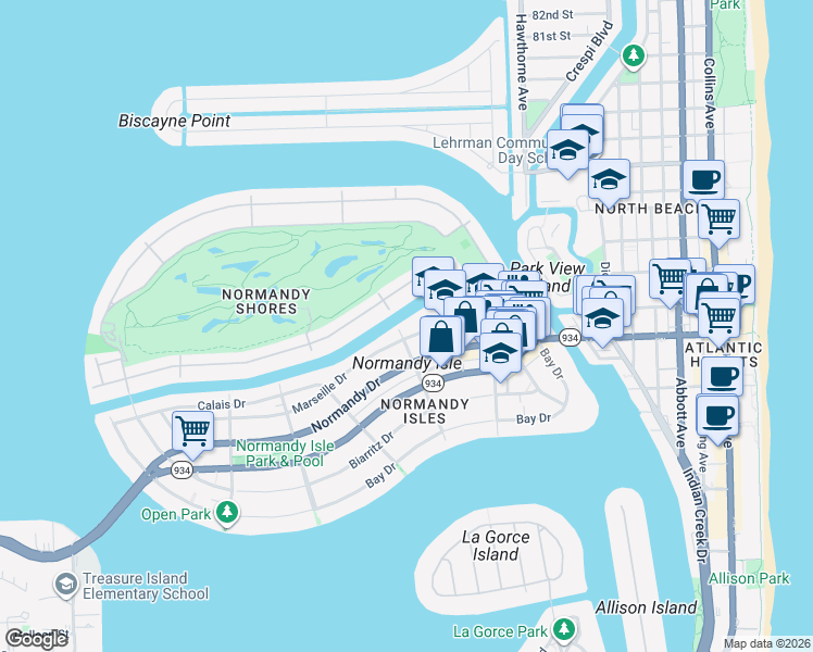 map of restaurants, bars, coffee shops, grocery stores, and more near 300 South Shore Drive in Miami Beach