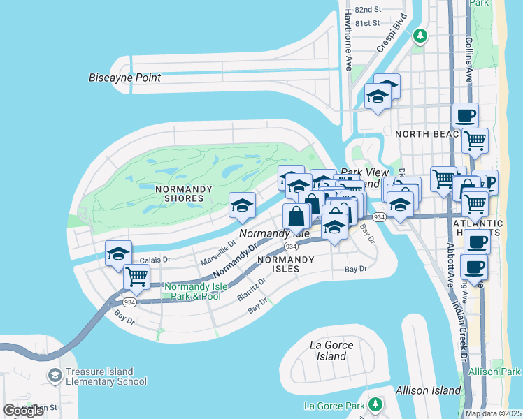 map of restaurants, bars, coffee shops, grocery stores, and more near 430 South Shore Drive in Miami Beach