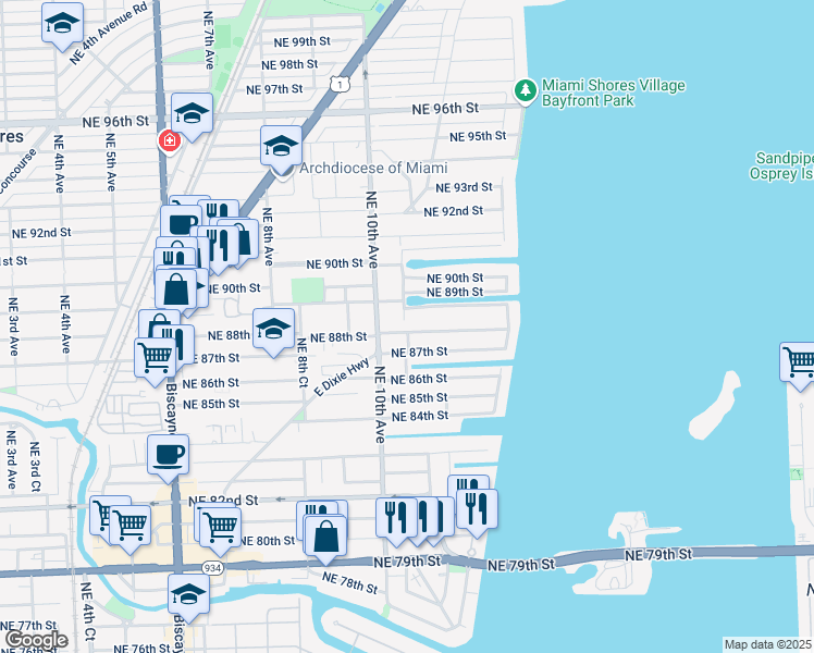 map of restaurants, bars, coffee shops, grocery stores, and more near 1100 North Bayshore Drive in Miami