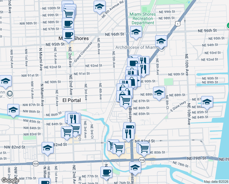 map of restaurants, bars, coffee shops, grocery stores, and more near 8841 Northeast 4th Avenue Road in Miami Shores