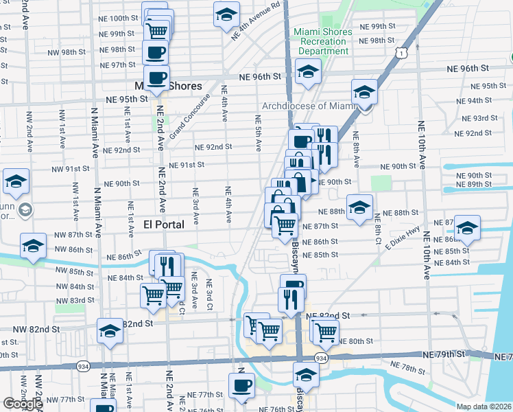 map of restaurants, bars, coffee shops, grocery stores, and more near 8841 Northeast 4th Avenue Road in Miami Shores