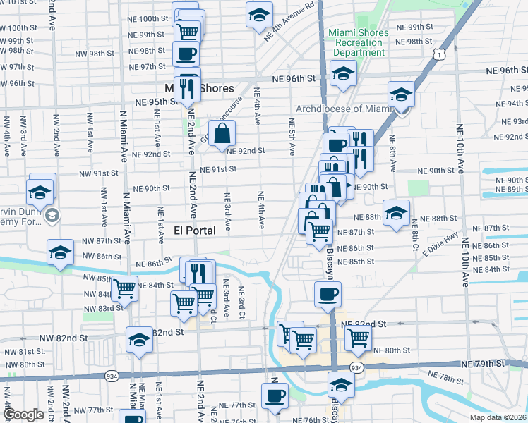 map of restaurants, bars, coffee shops, grocery stores, and more near 433 Northeast 89th Street in El Portal