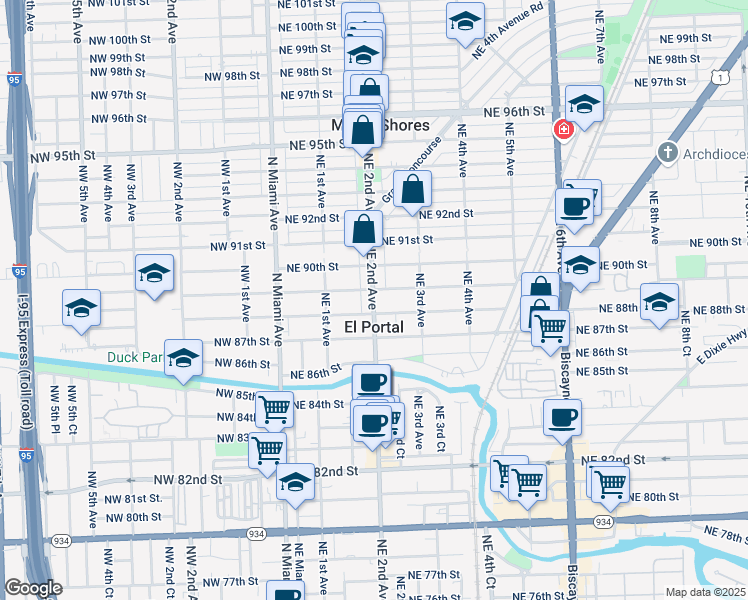 map of restaurants, bars, coffee shops, grocery stores, and more near 211a Northeast 89th Street in El Portal