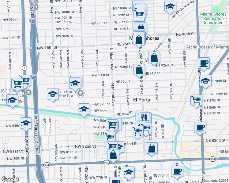 map of restaurants, bars, coffee shops, grocery stores, and more near 8910 North Miami Avenue in El Portal