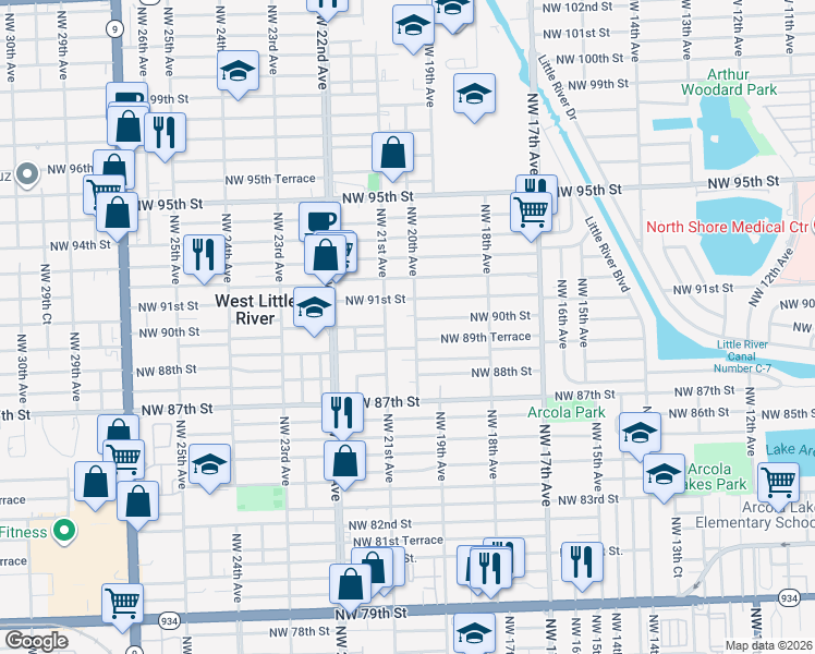 map of restaurants, bars, coffee shops, grocery stores, and more near 1941 Northwest 90th Street in Miami
