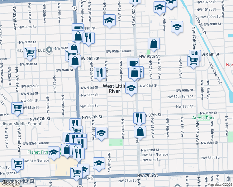 map of restaurants, bars, coffee shops, grocery stores, and more near in West Little River
