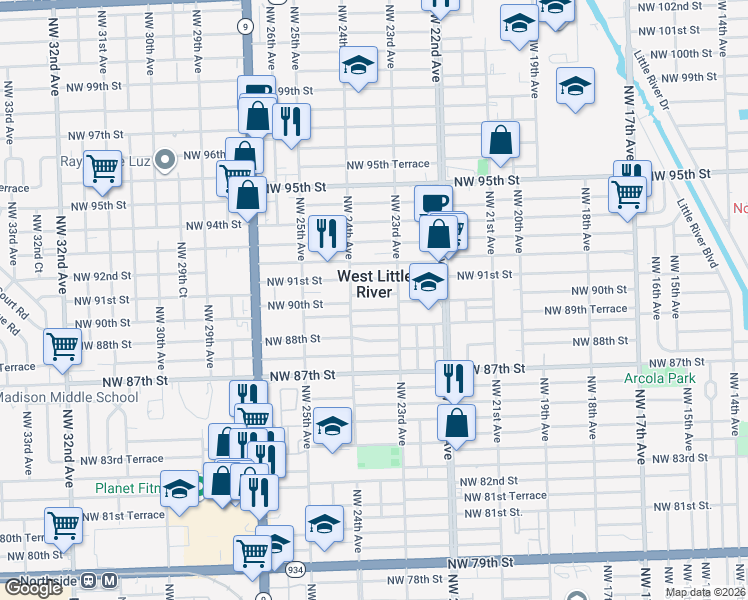 map of restaurants, bars, coffee shops, grocery stores, and more near in West Little River
