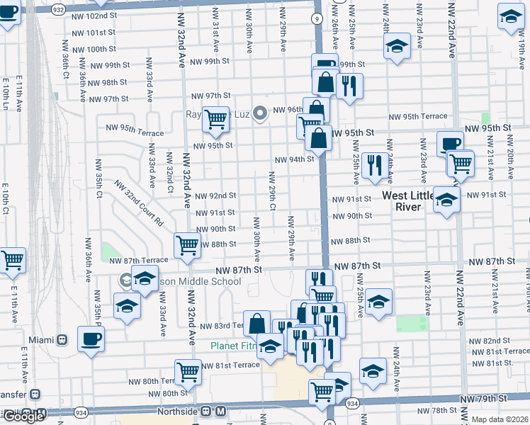 map of restaurants, bars, coffee shops, grocery stores, and more near 9150 Northwest 29th Court in Miami