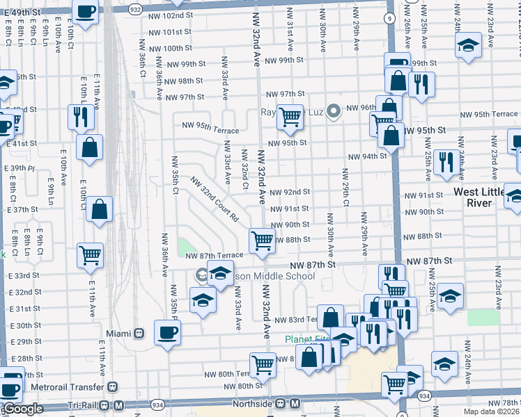 map of restaurants, bars, coffee shops, grocery stores, and more near 3180 Northwest 92nd Street in Miami
