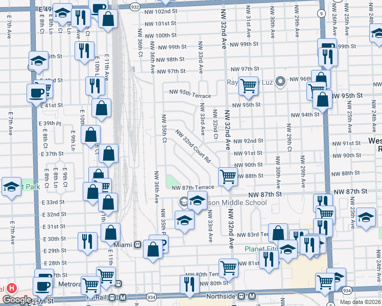 map of restaurants, bars, coffee shops, grocery stores, and more near 9165 Northwest 32nd Court Road in Miami