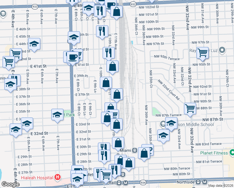 map of restaurants, bars, coffee shops, grocery stores, and more near 3685 East 11th Avenue in Hialeah
