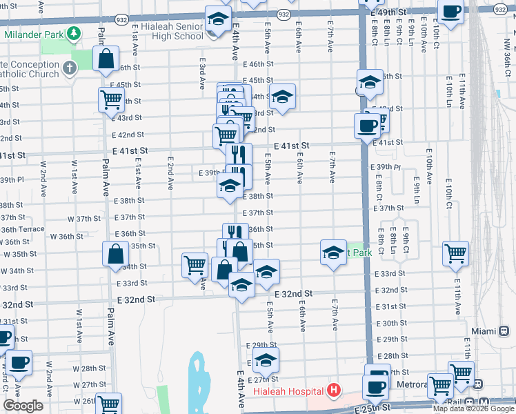 map of restaurants, bars, coffee shops, grocery stores, and more near 427 East 38th Street in Hialeah
