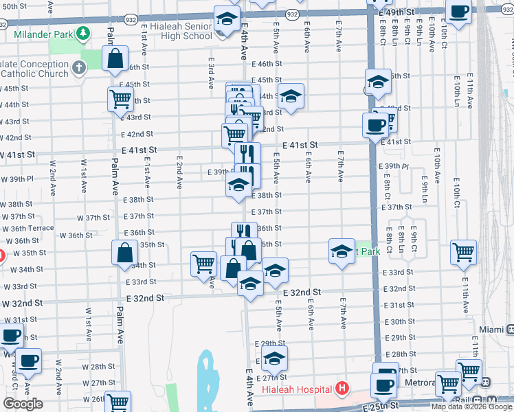 map of restaurants, bars, coffee shops, grocery stores, and more near 427 East 38th Street in Hialeah