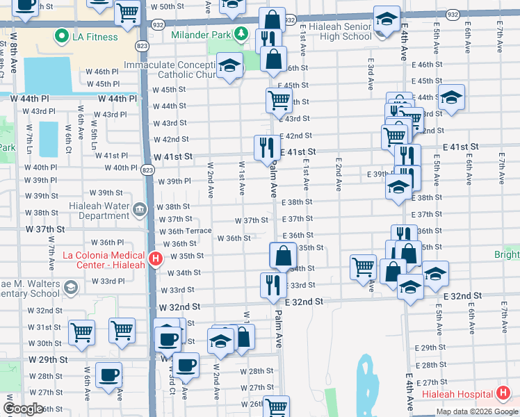 map of restaurants, bars, coffee shops, grocery stores, and more near 103 West 38th Street in Hialeah