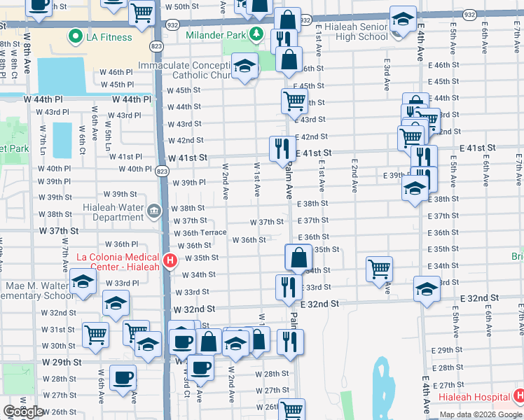 map of restaurants, bars, coffee shops, grocery stores, and more near 3801 West 1st Avenue in Hialeah