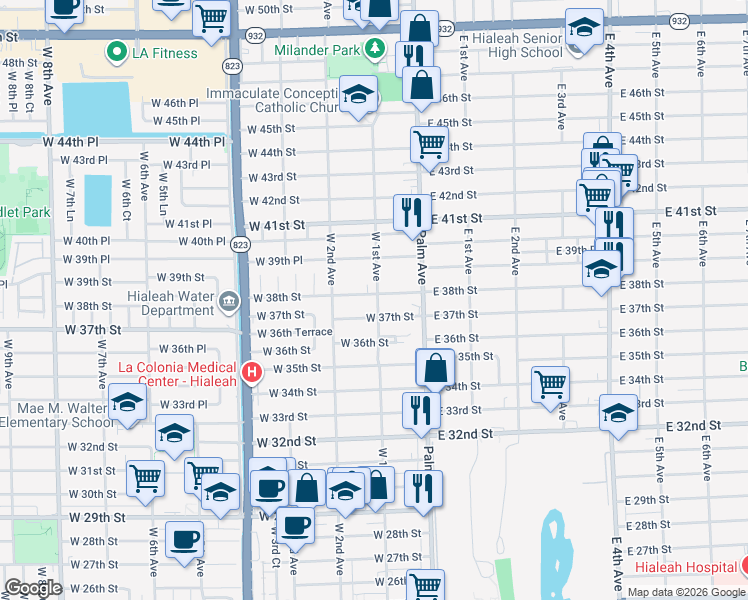 map of restaurants, bars, coffee shops, grocery stores, and more near 3801 West 1st Avenue in Hialeah