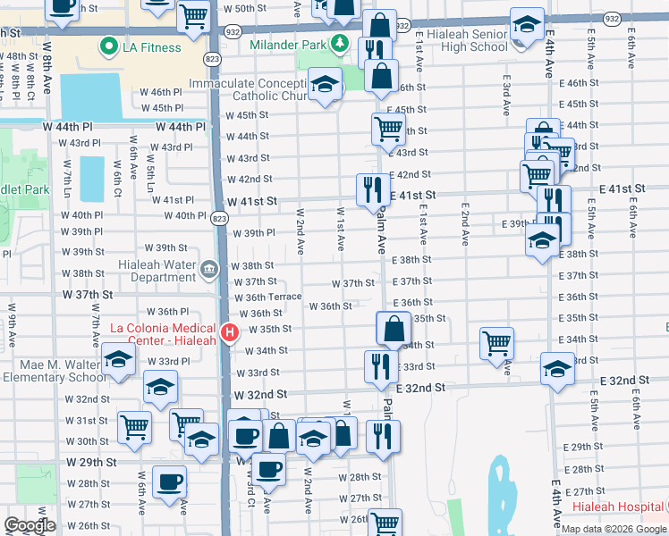map of restaurants, bars, coffee shops, grocery stores, and more near 3801 West 1st Avenue in Hialeah