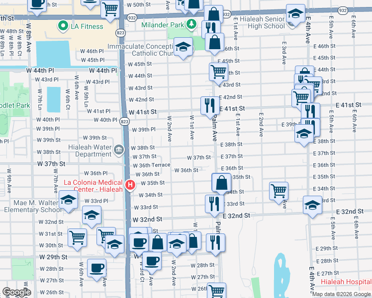 map of restaurants, bars, coffee shops, grocery stores, and more near 3801 West 1st Avenue in Hialeah