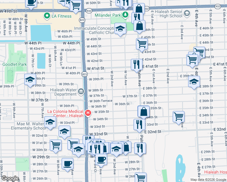 map of restaurants, bars, coffee shops, grocery stores, and more near 145 West 38th Street in Hialeah