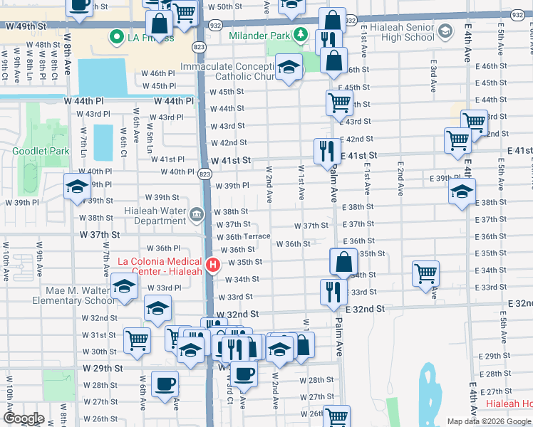 map of restaurants, bars, coffee shops, grocery stores, and more near 3830 West 2nd Court in Hialeah