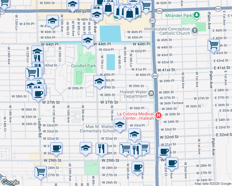 map of restaurants, bars, coffee shops, grocery stores, and more near 700 West 39th Street in Hialeah