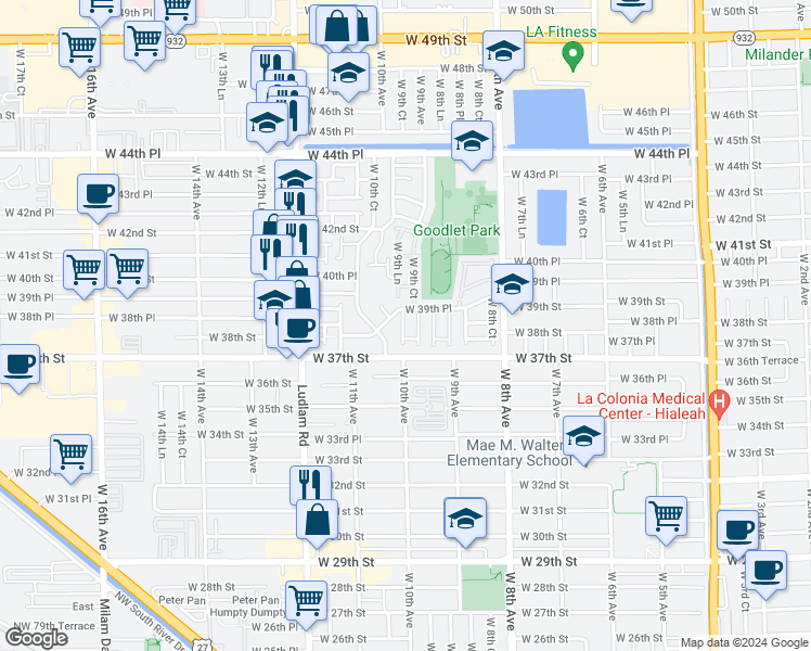 map of restaurants, bars, coffee shops, grocery stores, and more near 970 West 39th Place in Hialeah