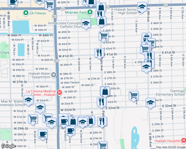 map of restaurants, bars, coffee shops, grocery stores, and more near 3801 West 1st Avenue in Hialeah