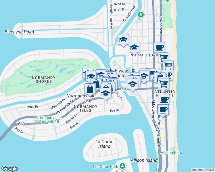 map of restaurants, bars, coffee shops, grocery stores, and more near 7171 Bay Drive in Miami Beach