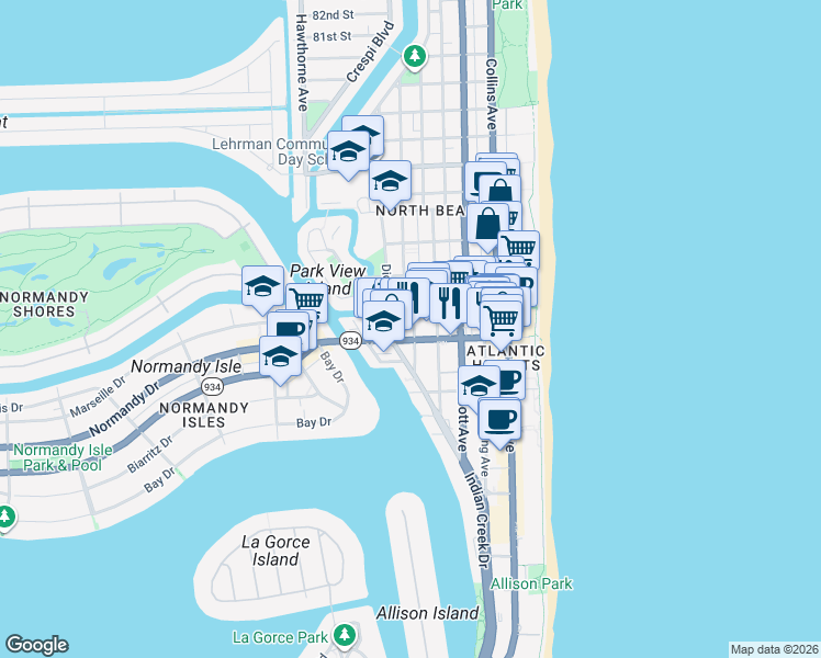map of restaurants, bars, coffee shops, grocery stores, and more near 580 72nd Street in Miami Beach