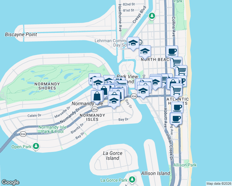 map of restaurants, bars, coffee shops, grocery stores, and more near 7171 Bay Drive in Miami Beach