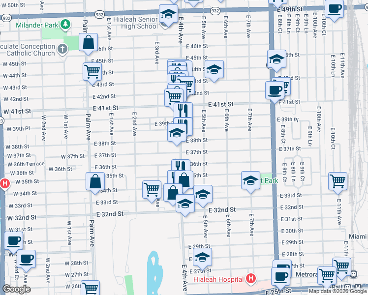 map of restaurants, bars, coffee shops, grocery stores, and more near 427 East 38th Street in Hialeah