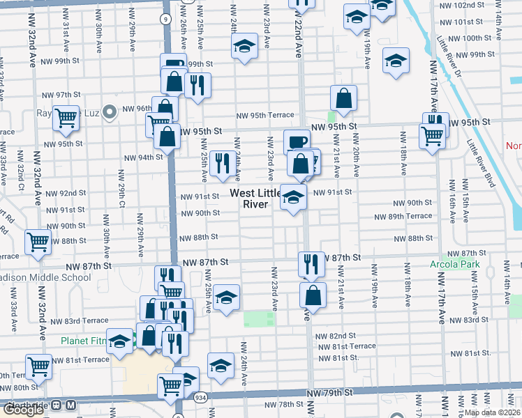 map of restaurants, bars, coffee shops, grocery stores, and more near in West Little River