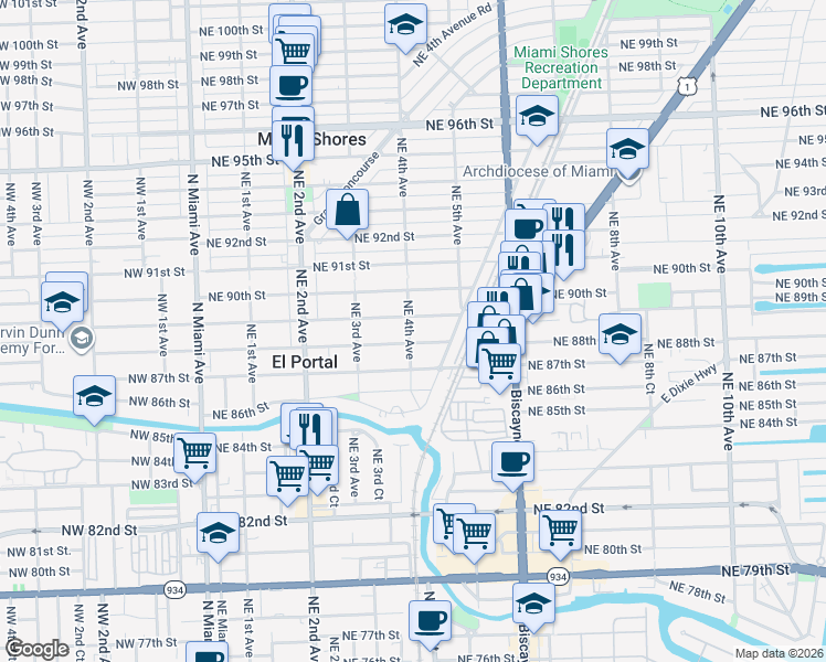 map of restaurants, bars, coffee shops, grocery stores, and more near 433 Northeast 89th Street in El Portal