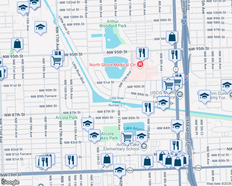 map of restaurants, bars, coffee shops, grocery stores, and more near 9000 Northwest 12th Court in Miami