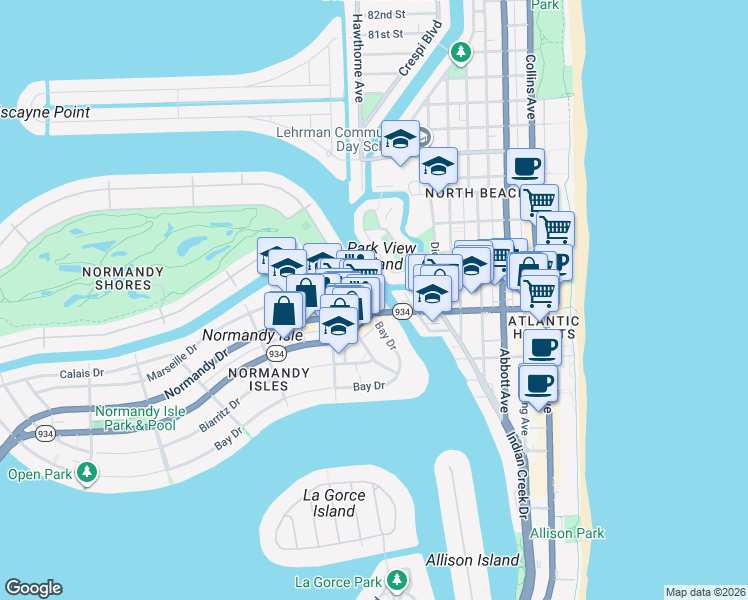 map of restaurants, bars, coffee shops, grocery stores, and more near 7105 Bay Drive in Miami Beach